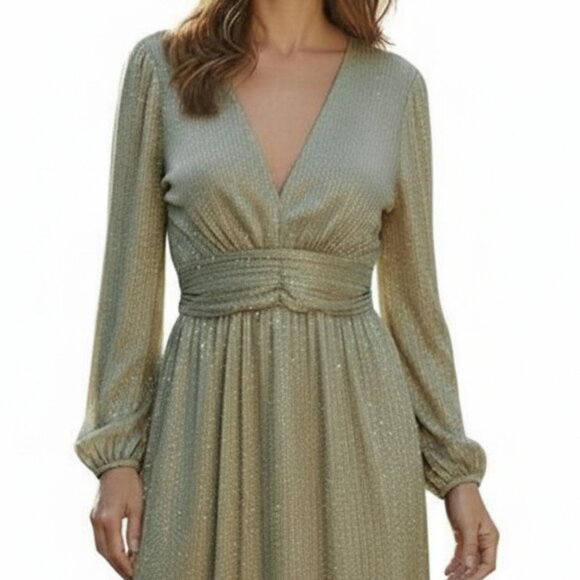 Carla Conti Shimmering Gold Maxi Dress V-Neck Long Sleeve Formal Gown Party XL - Picture 4 of 12